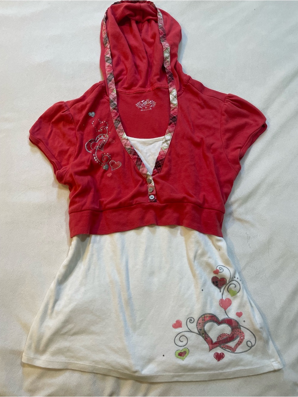 Y2K justice Hot pink Hooded Layered Heart-Print top